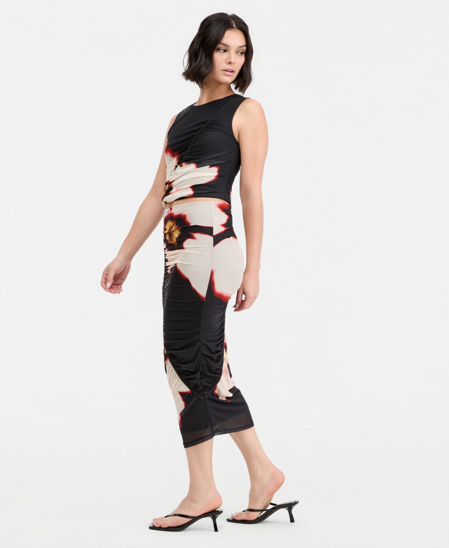 Women's Plaid Mesh Ruched Bodycon Midi Skirt