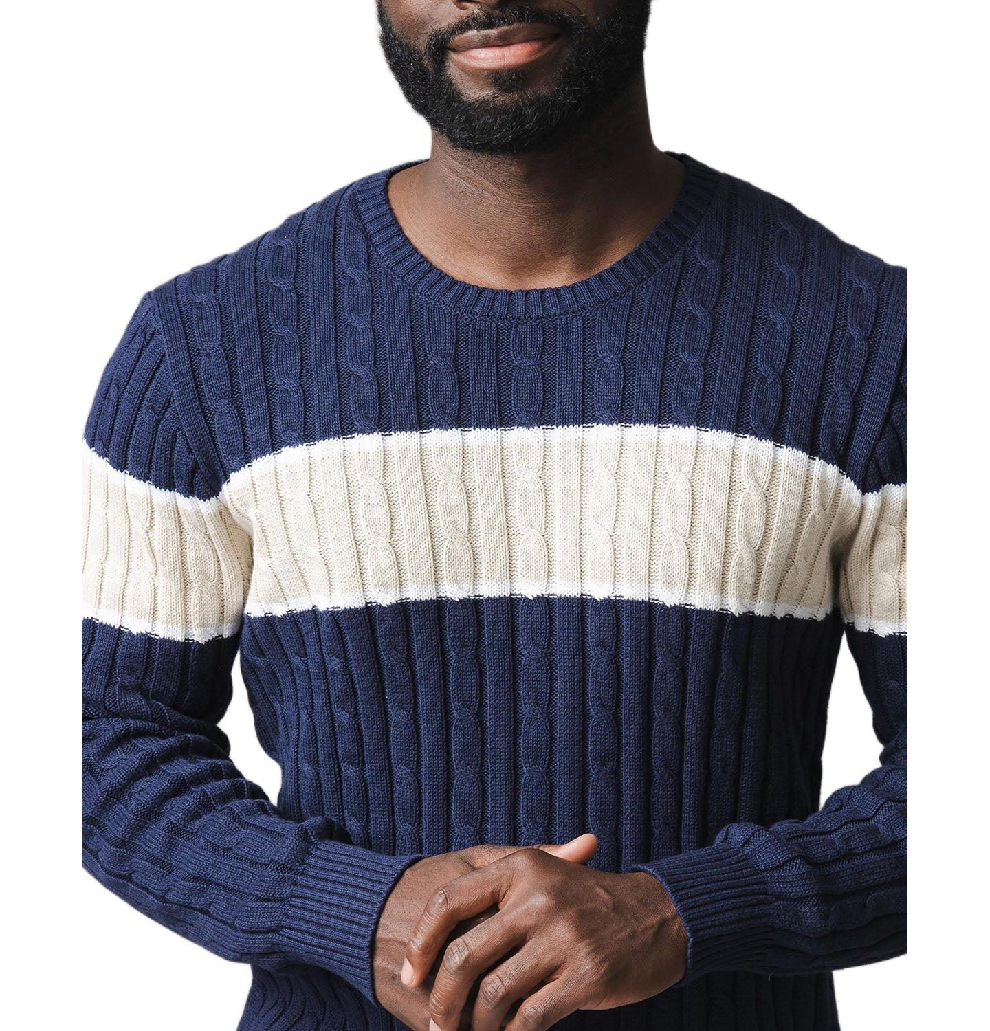 Мужской свитер Hope & Henry Organic Crew Neck Cable, цвет: Тёмно-синий полосатый — фото 2