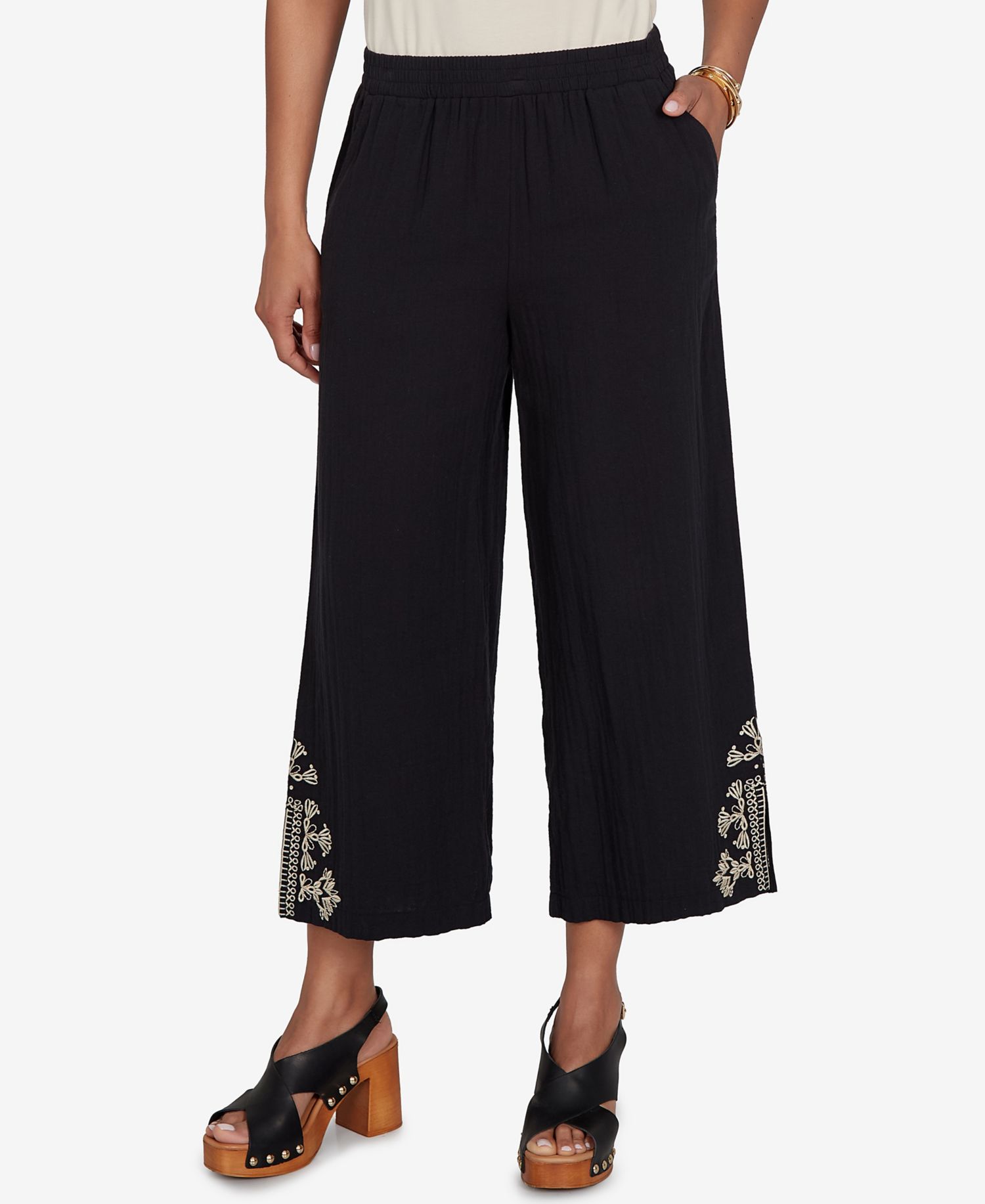 Petite Embroidered Gauze Relaxed Elastic Waistband Pants