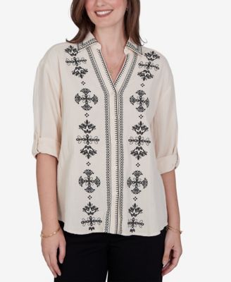 Petite Embroidered Gauze Button-Front Top