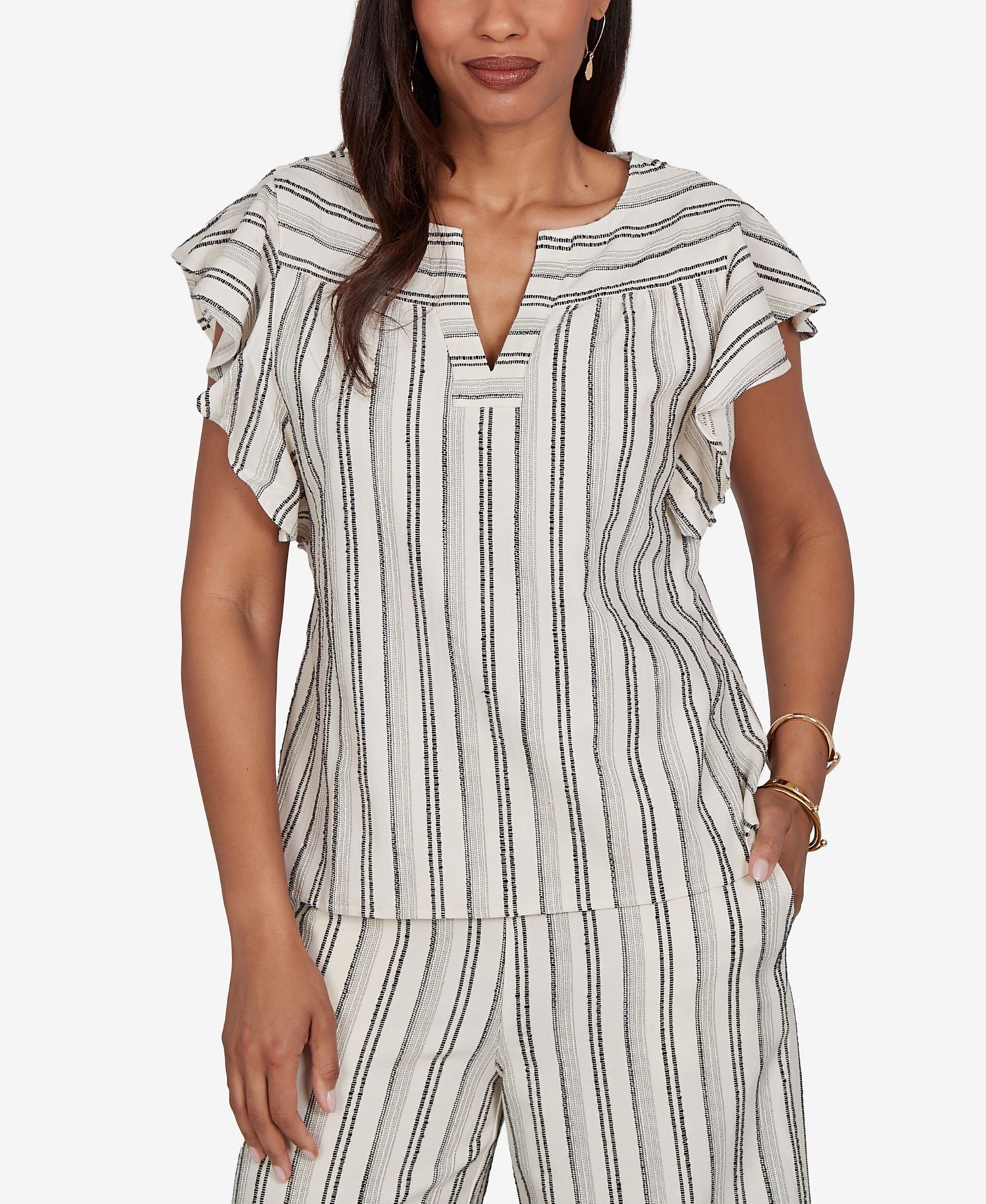 Petite Flutter-Sleeve Textured Stripe Top
