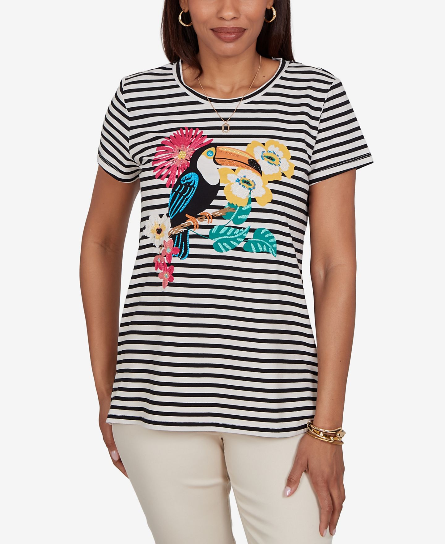 Женская футболка Ruby Rd. Petite Embellished Toucan Stripe Knit, цвет: Чёрный разноцветный — фото 1