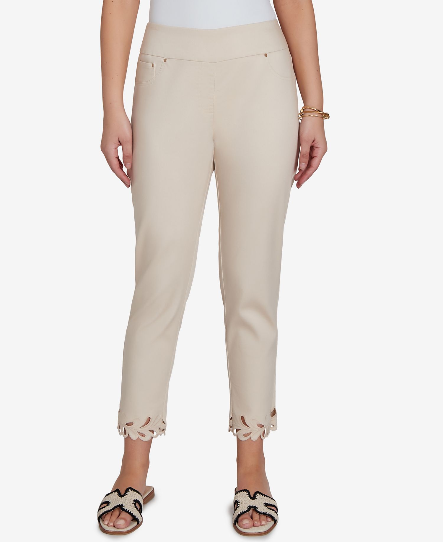 Petite Embroidered Cutout Denim Ankle Pants