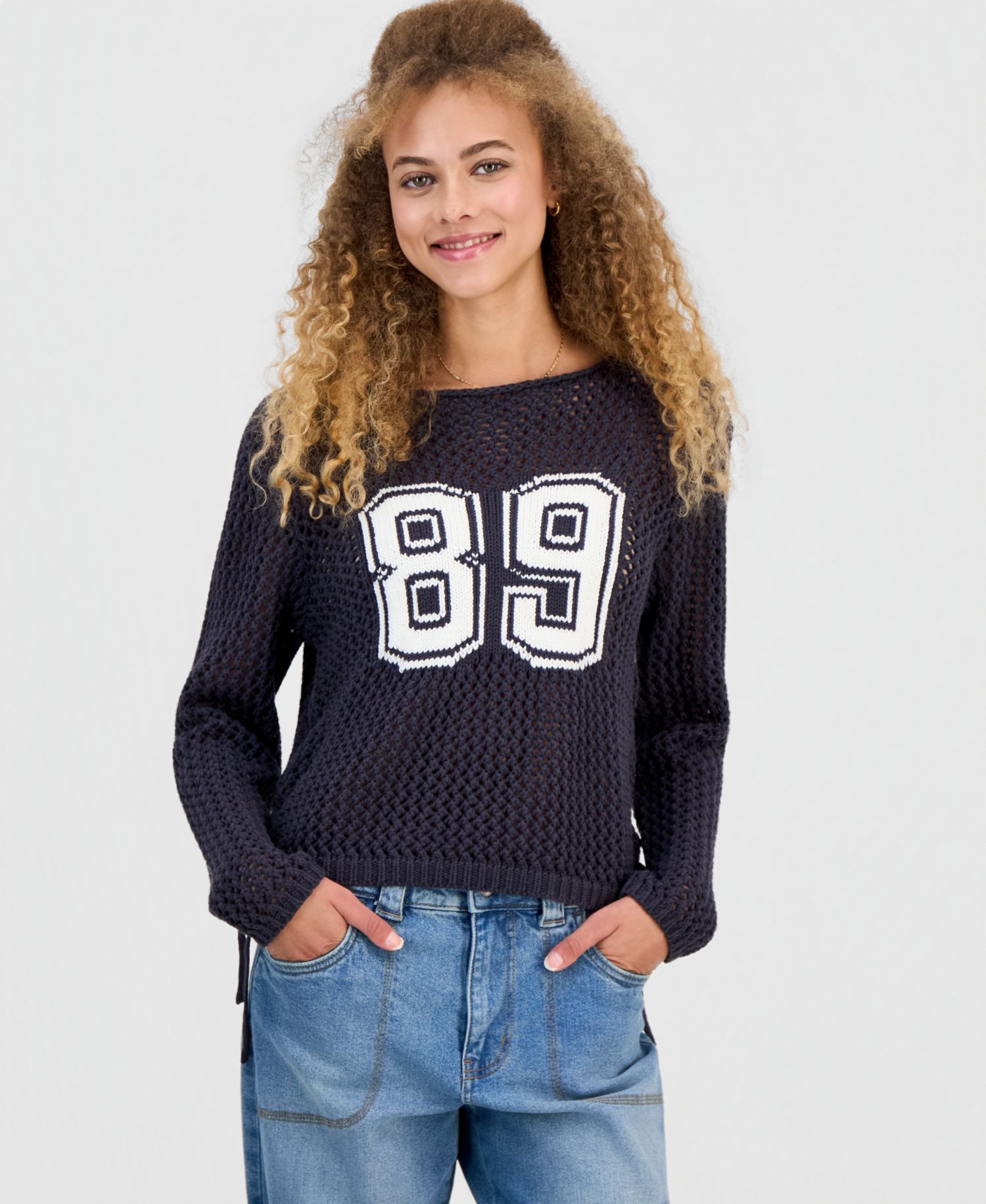 Juniors' Open-Stitch Varsity Sweater