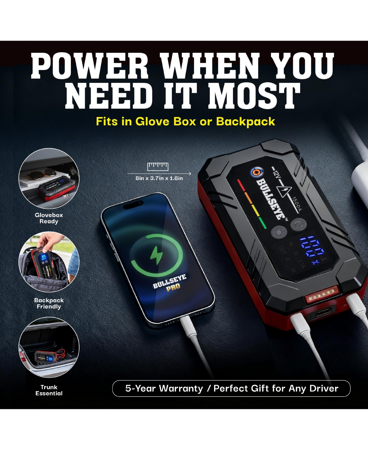 Bullseye Pro 12V 2250mAh Rechargeable Portable Battery Jump Starter with Light, Power Bank