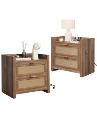 Farmhouse Nightstand Set of 2 with Charging Station, 2 Rattan Storage Drawers End Table for Bedroom and Living Room