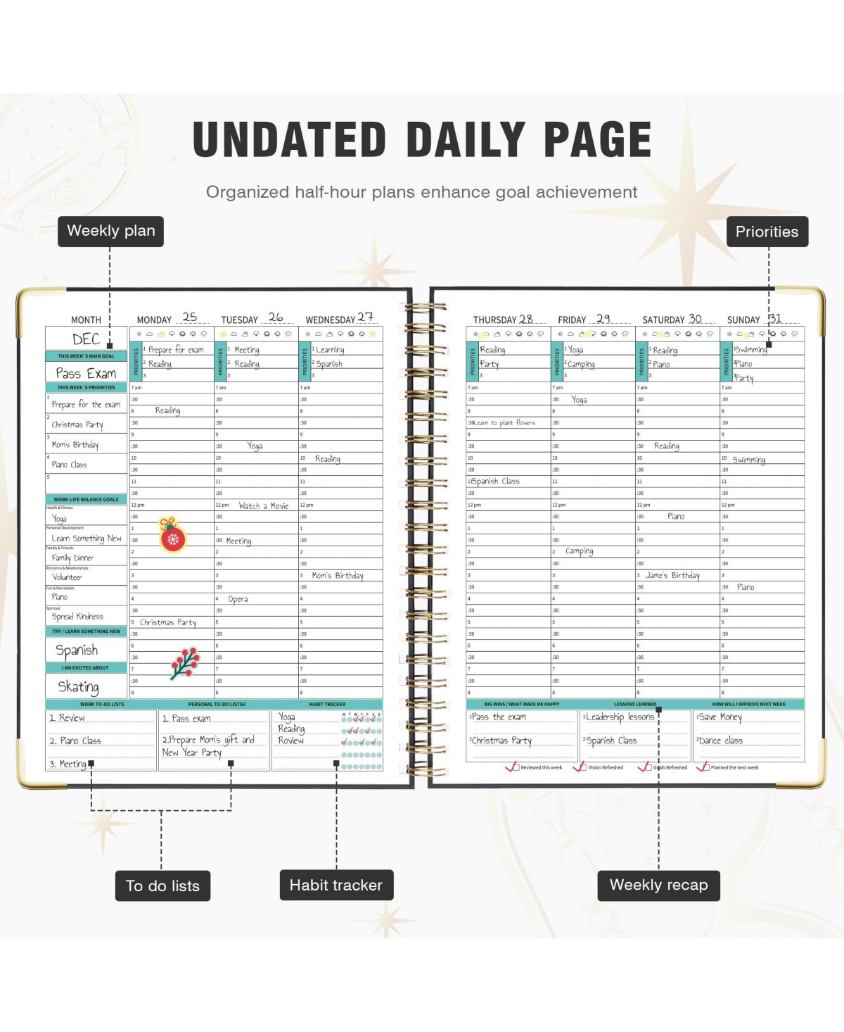 Gnuadz Spiral Planner Undated Daily Weekly Monthly Hourly Work Hardcover