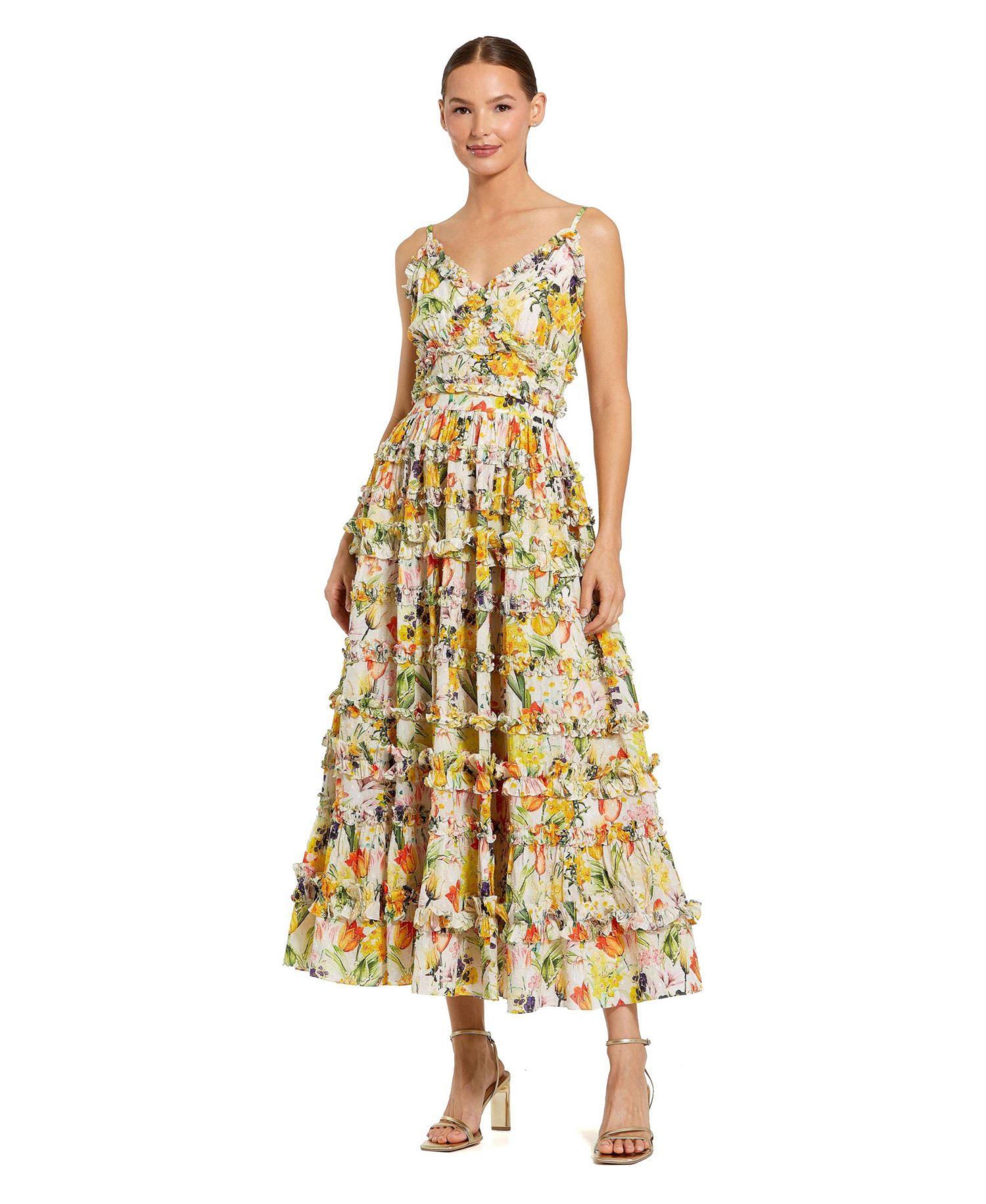 Women's Floral Print Tiered Ruffle Midi Dress