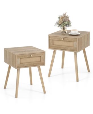 Set of 2 Modern Rattan Nightstands with Drawer and Solid Wood Legs