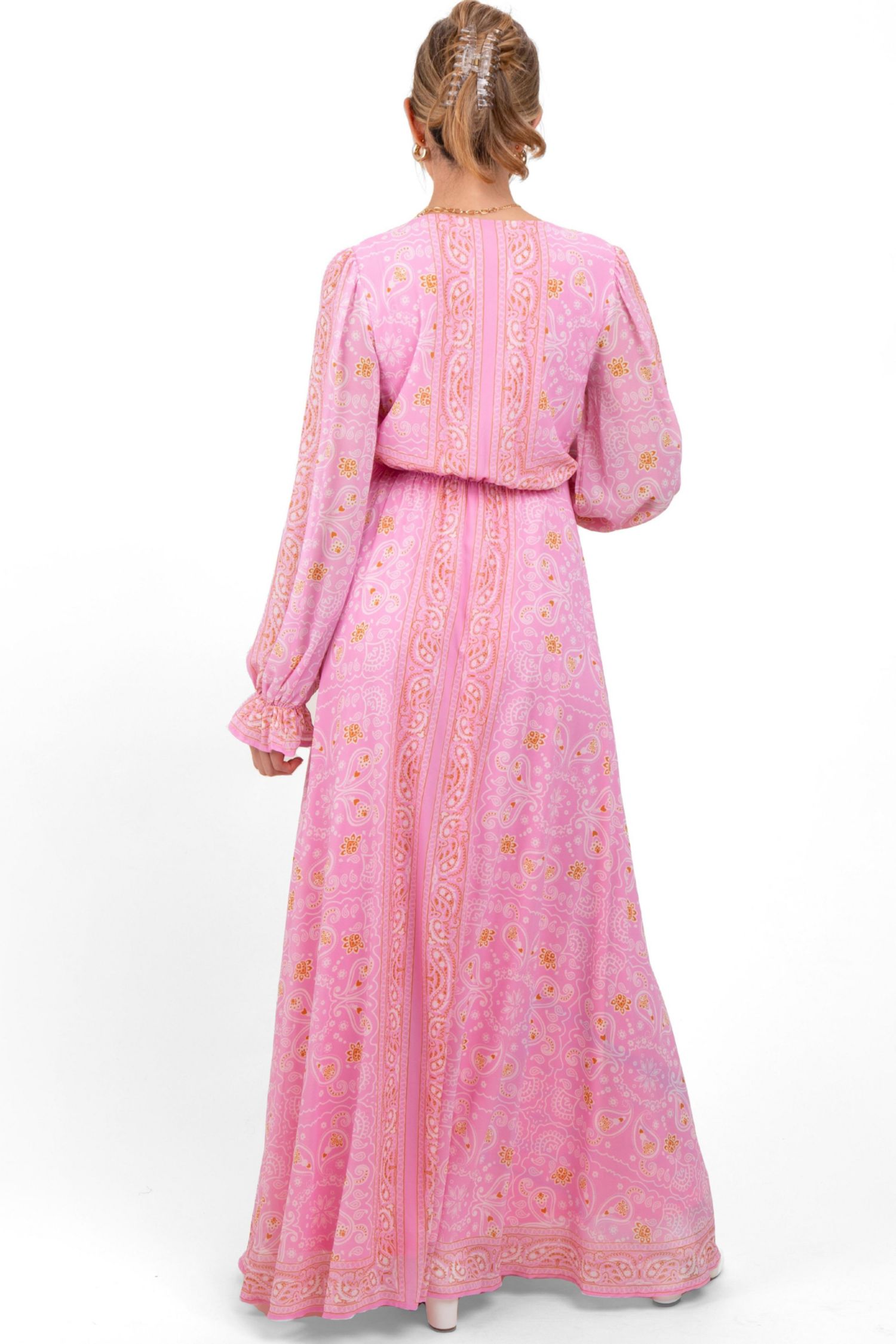 Women's Pink Paisley Deep V-Neck Long Sleeve Maxi Dress