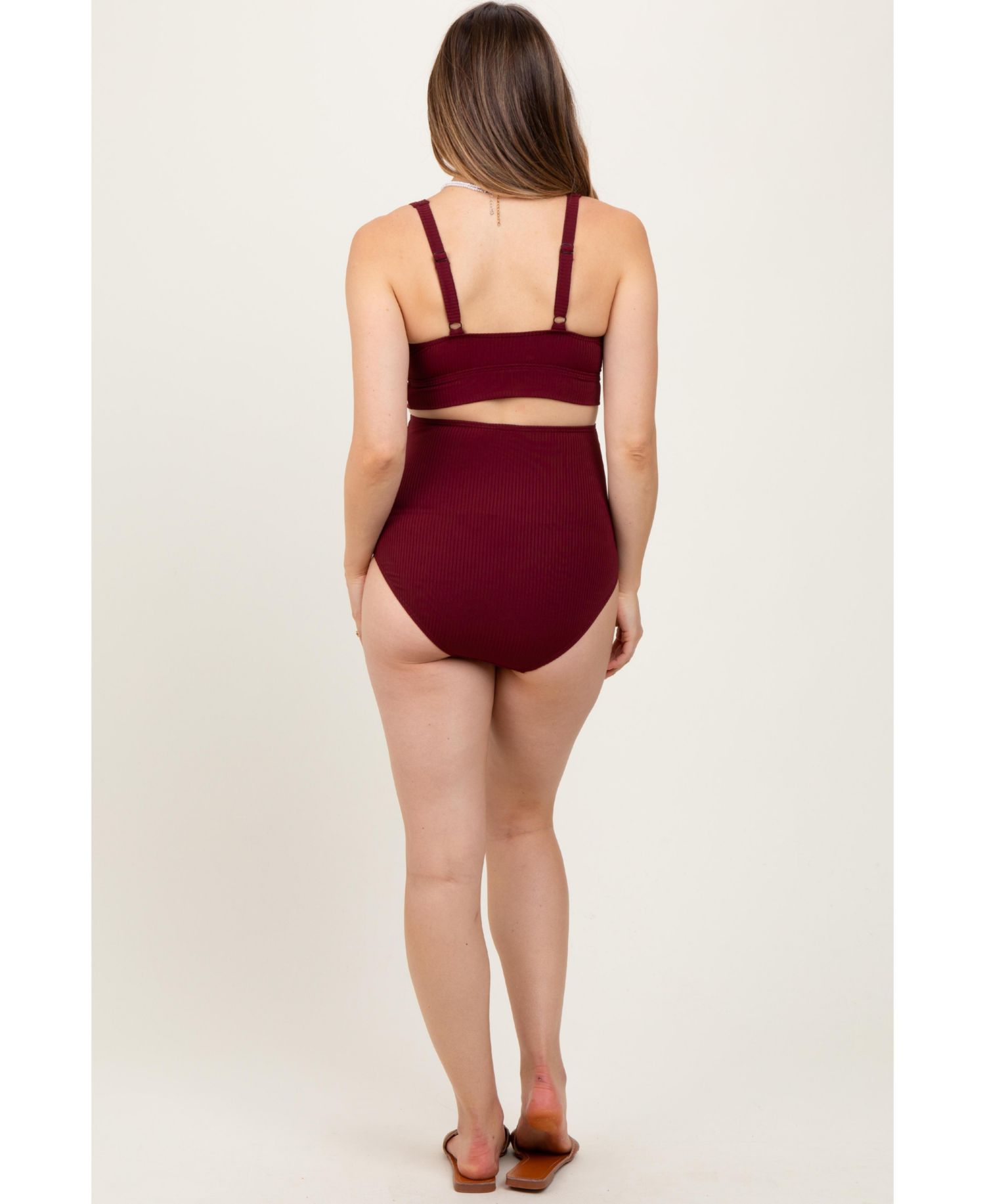 Women's Burgundy Ribbed Twist Cutout Front Swim Set