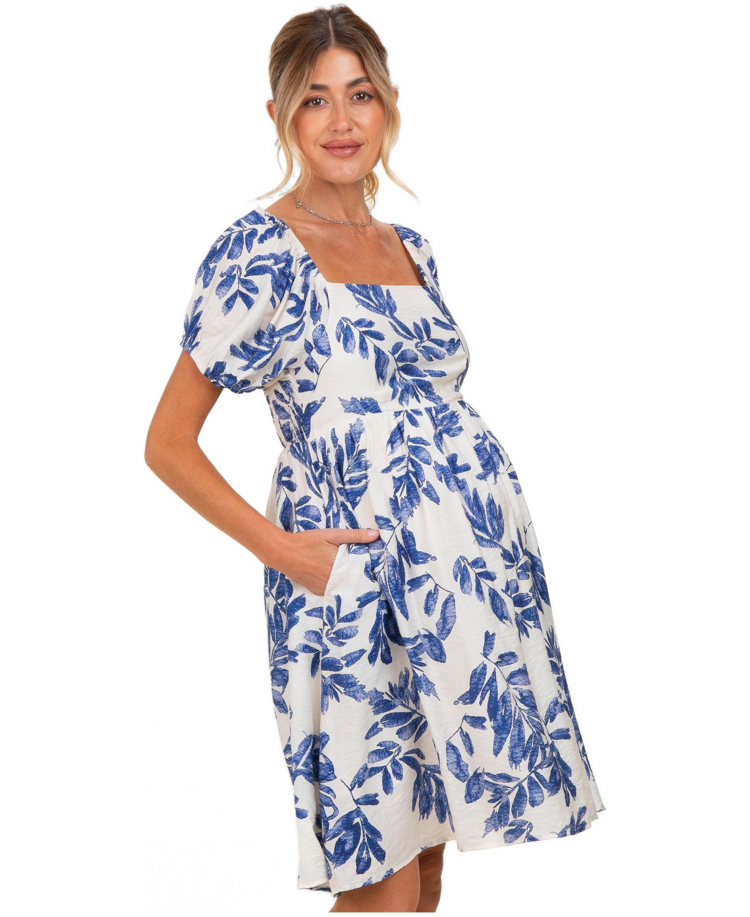 Women's Blue Floral Puff Sleeve Dress