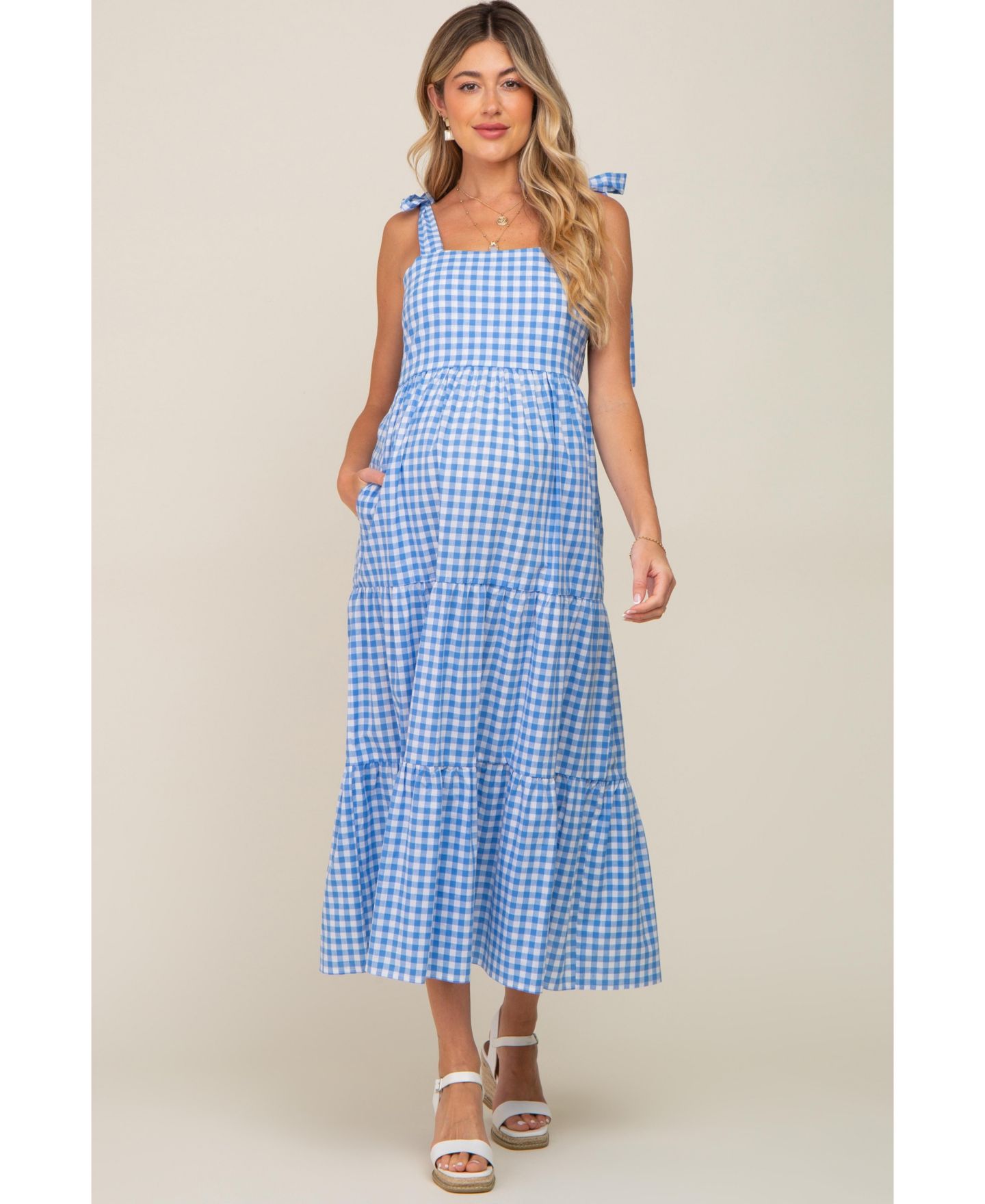 Женское платье Pinkblush Blue Checkered Sleeveless Tiered Maxi, цвет: Синий — фото 8