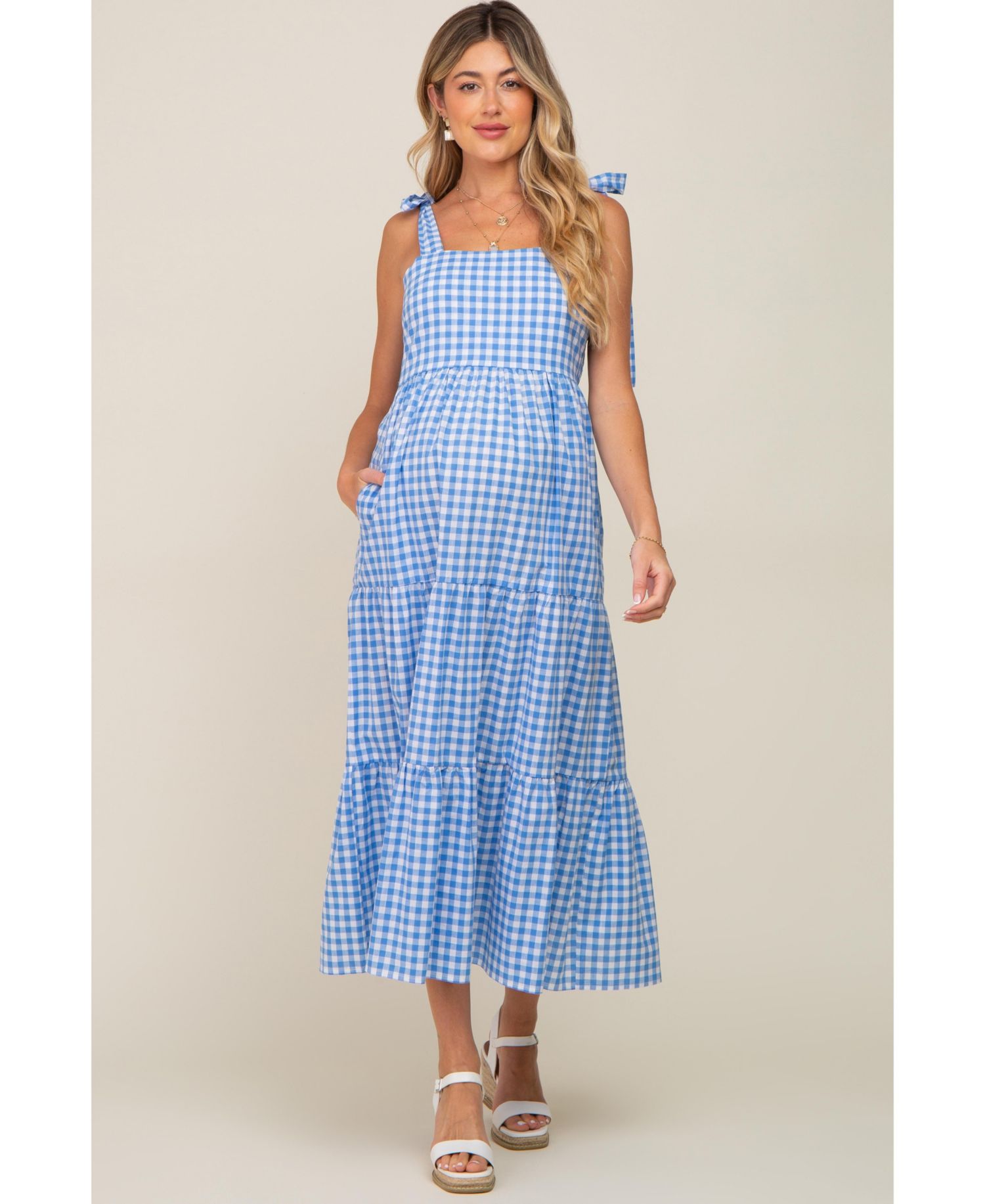 Women's Blue Checkered Sleeveless Tiered Maxi Dress