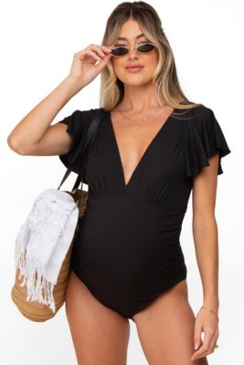 Women's Black Deep V-Neck Flounce One Piece Swimsuit