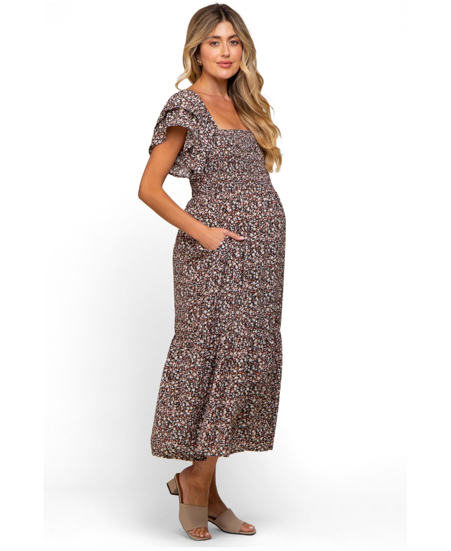 Women's Cream Floral Flutter Midi Dress