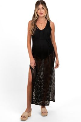 Women's Mocha Crochet V-Neck Side Slit Cover Up