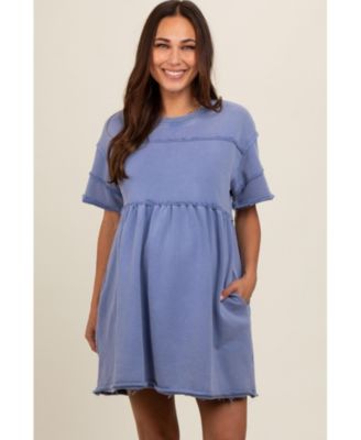 Women's Blue Raw Hem Short Sleeve Dress