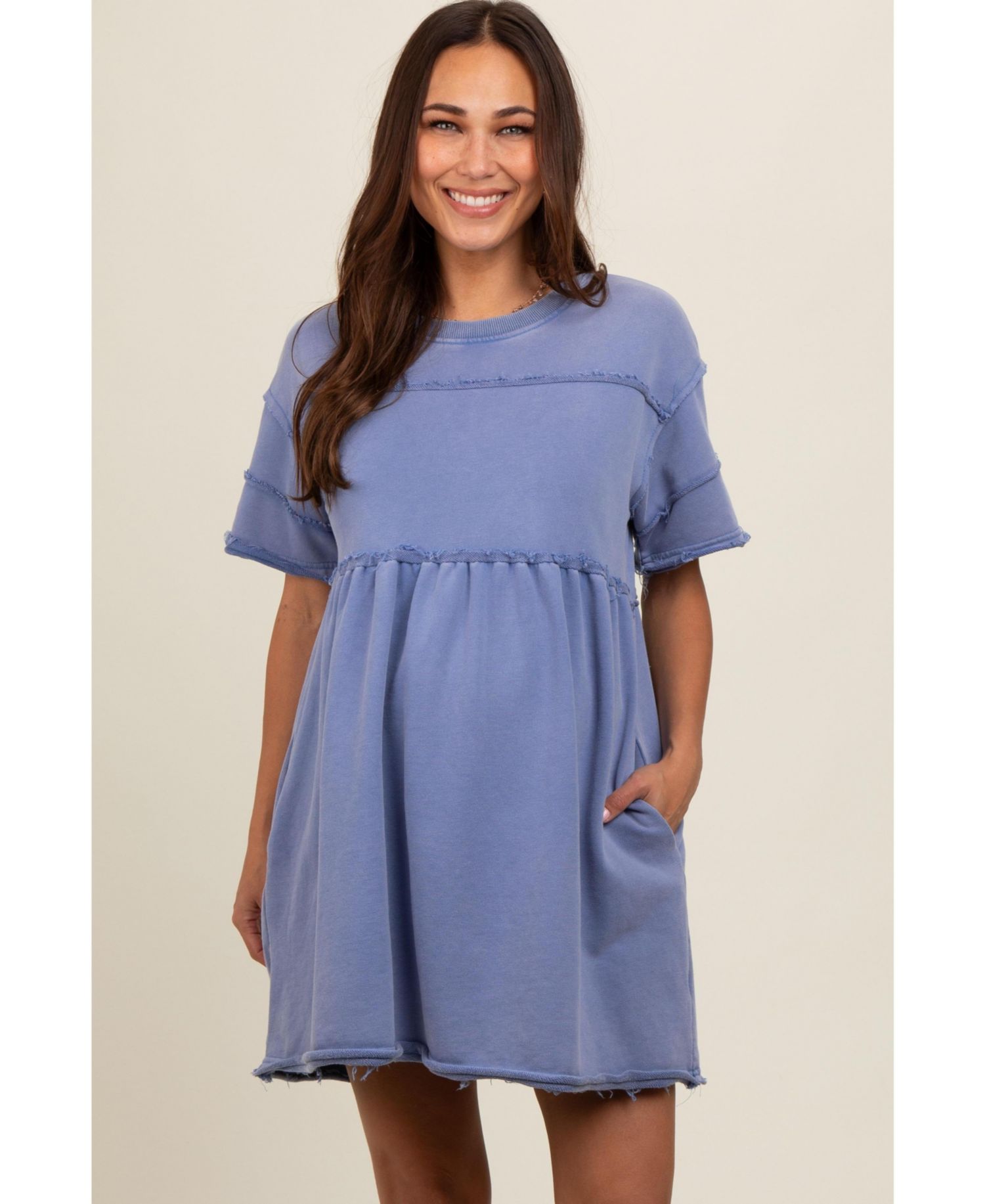 Women's Blue Raw Hem Short Sleeve Dress