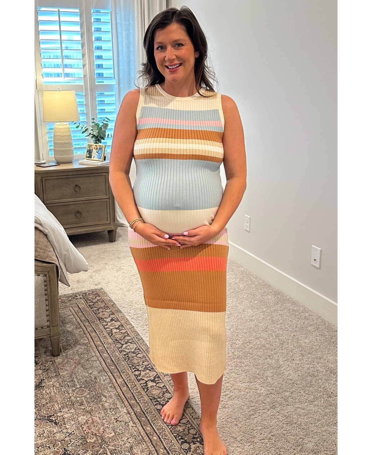 Pinkblush Maternity Light Olive Colorblock Striped Knit Sleeveless Midi Dress