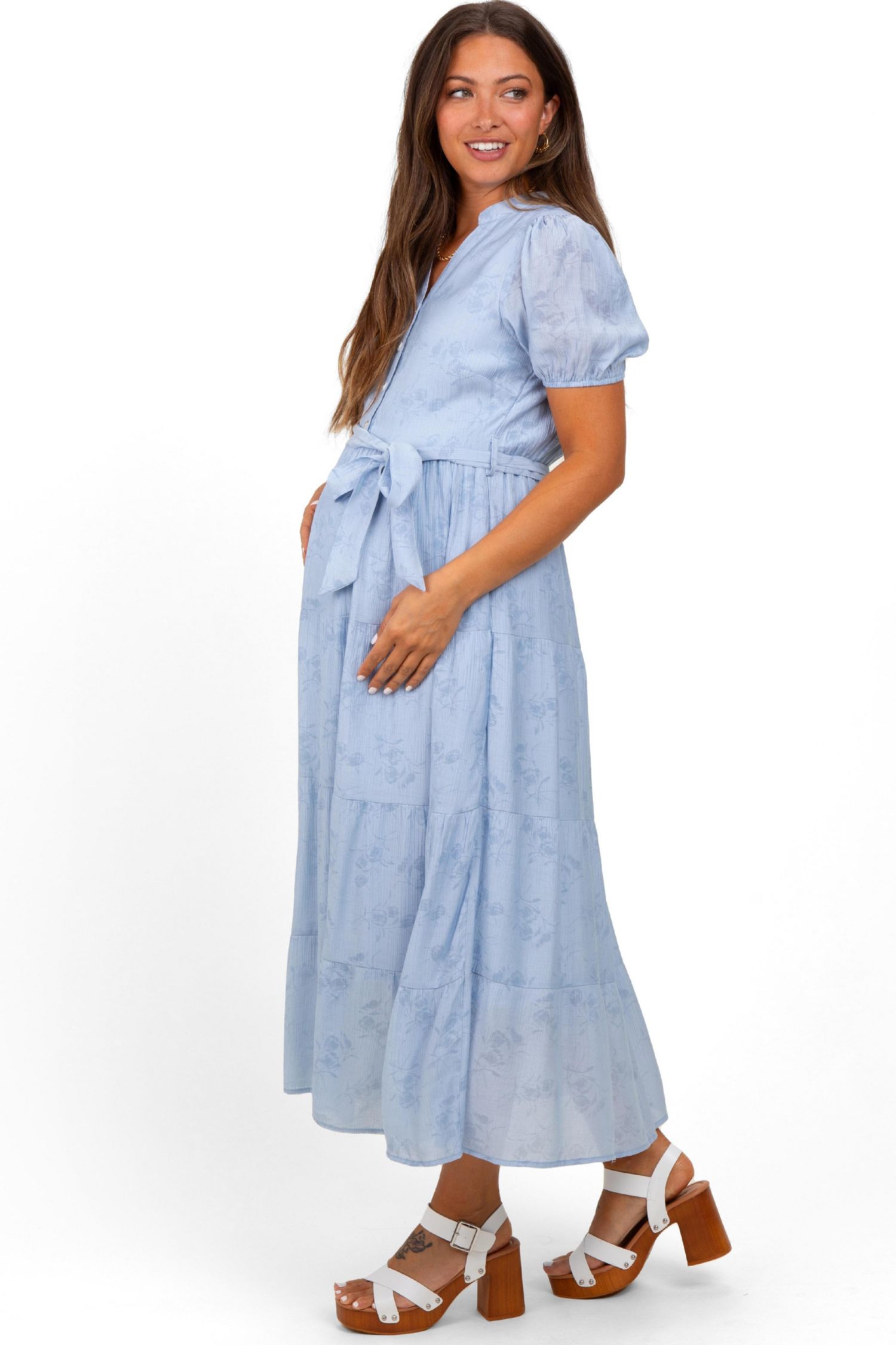 Women's Light Blue Split Neckline Tiered Midi Dress
