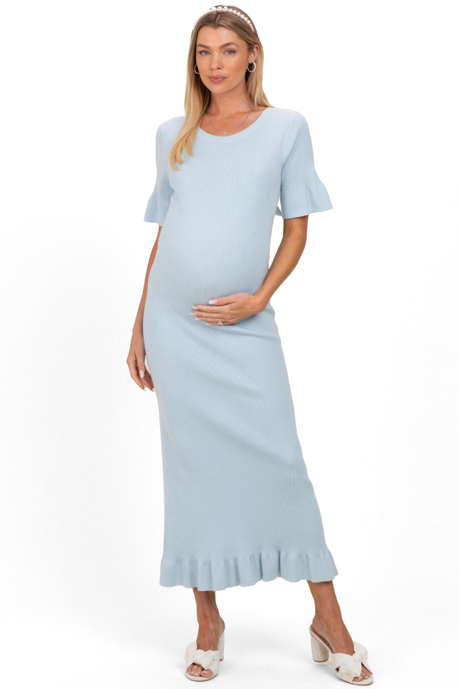 Women's Sky Ribbed Knit Bow Back Ruffle Accent Dress