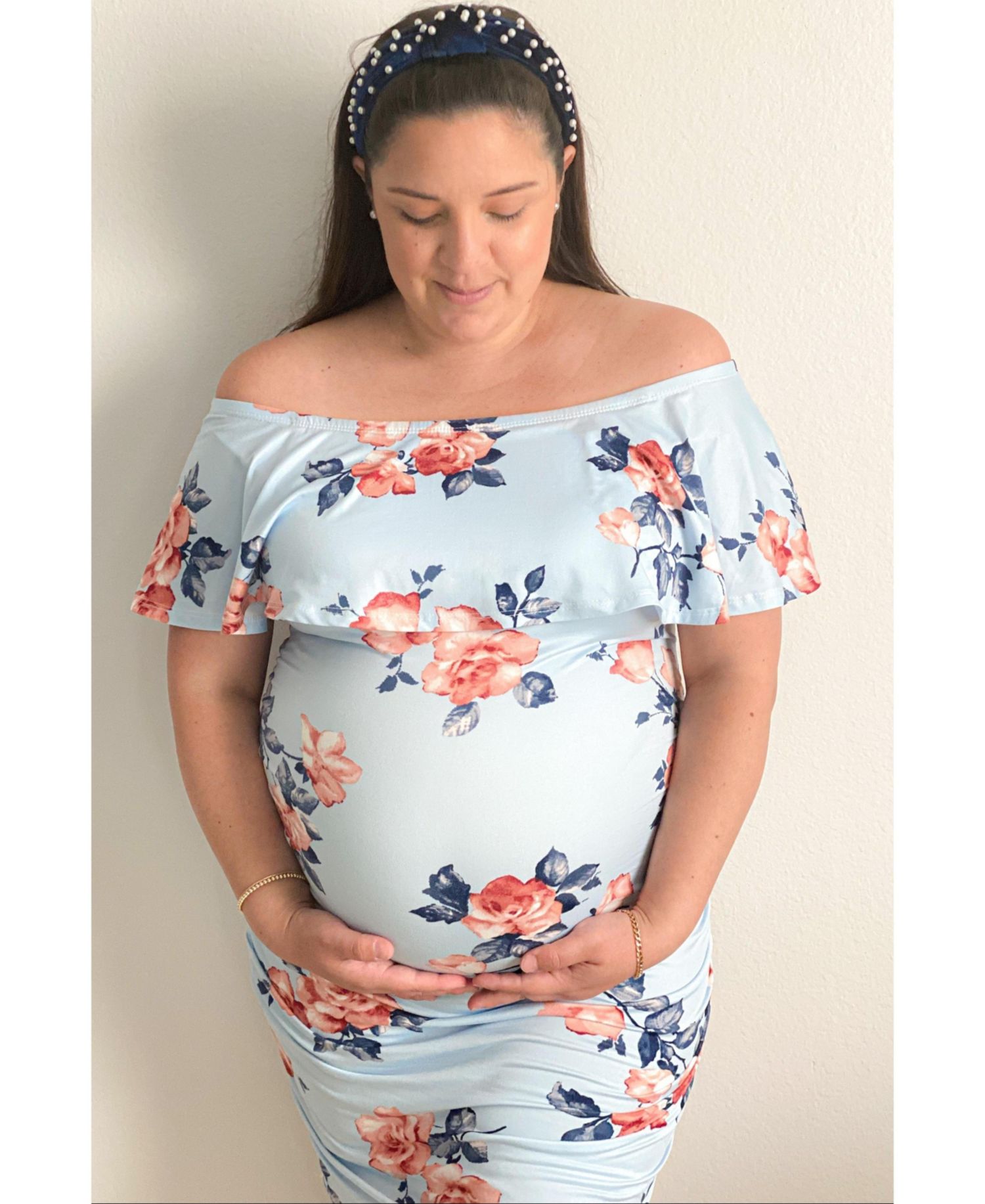 Women's Light Blue Rose Print Ruffle Fitted Dress