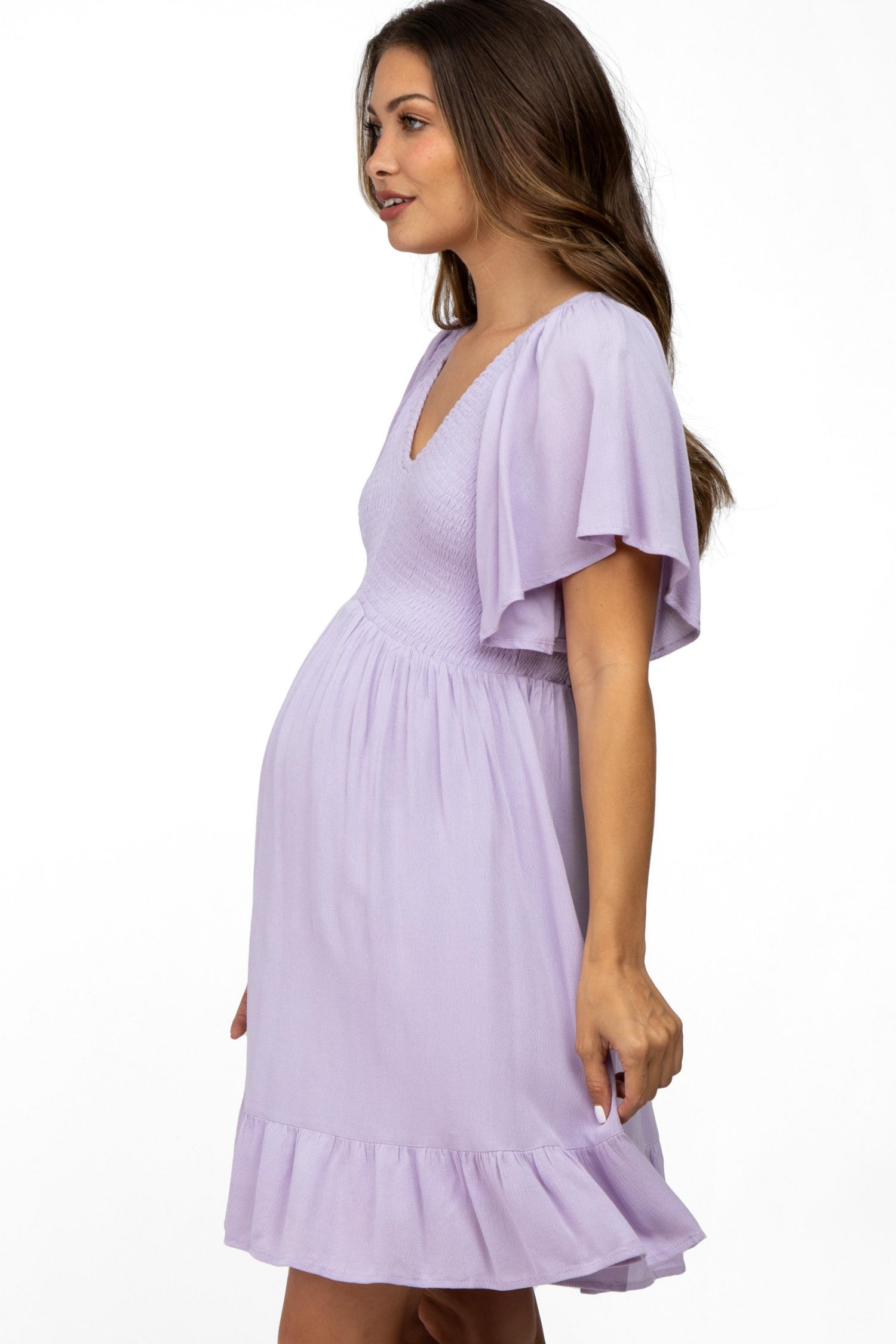 Women's Lavender Smocked Front Ruffle Hem Dress