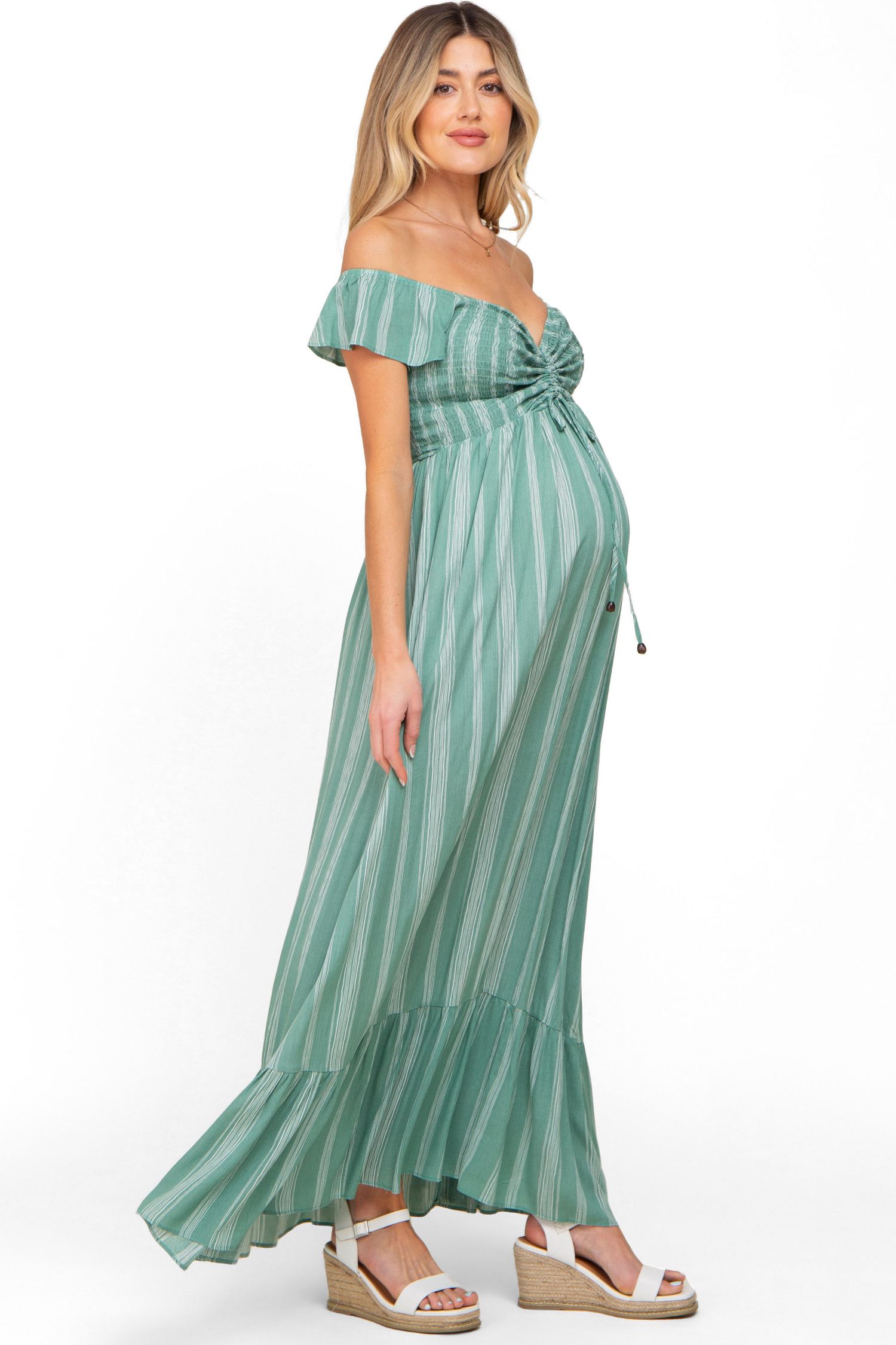 Women's Green Striped Off Shoulder Front Tie Maxi Dress