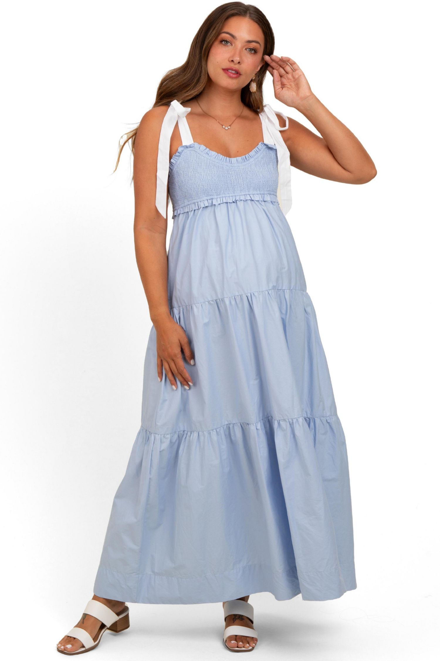 Women's Light Blue Contrast Shoulder Straps Maxi Dress
