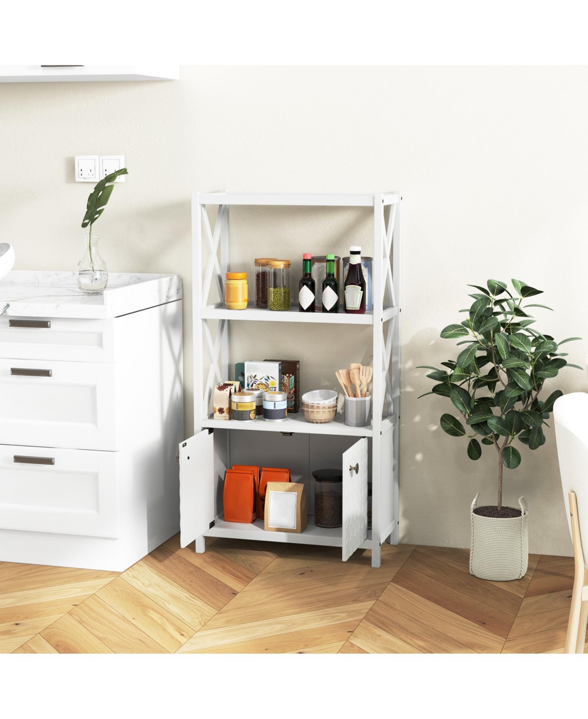 sumyeg Bathroom Storage Cabinet with Open Shelves and Double Doors Organizer