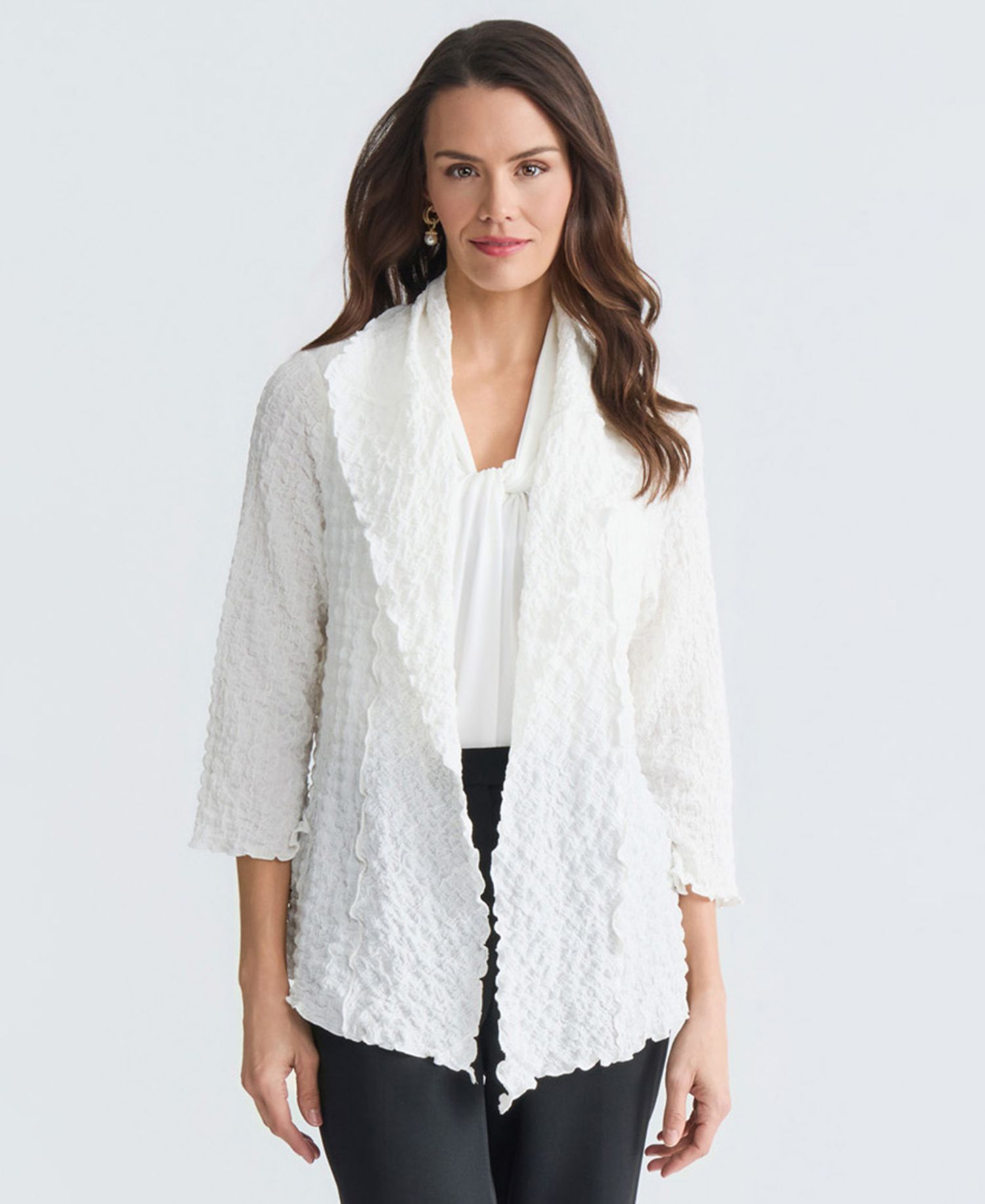 Women's 3/4-Sleeve Crinkle Knit Open-Front Jacket