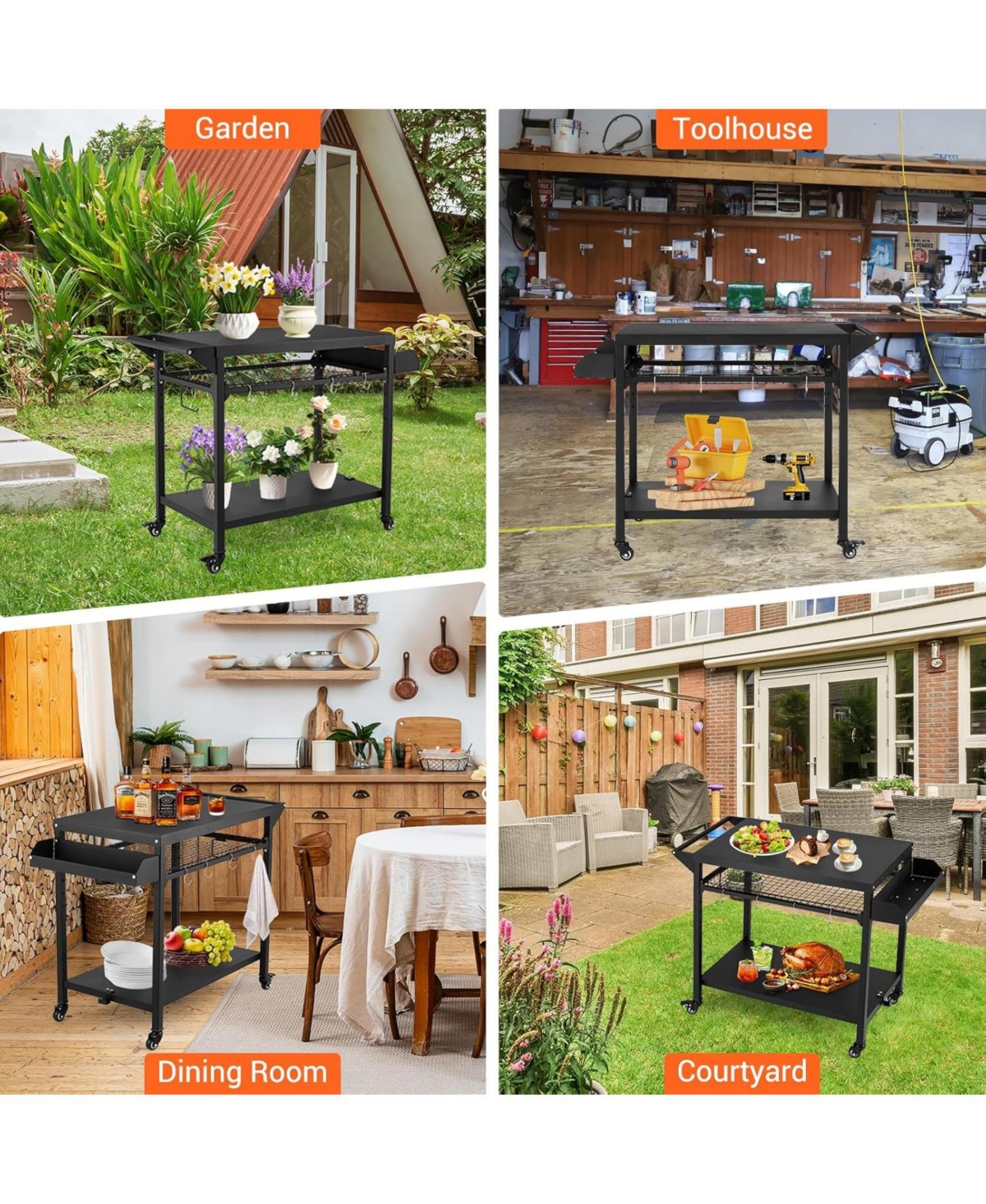 Xo Outdoor Rolling Bbq Grill Cart, 2-Tier Metal Prep Table, Lockable Wheels, Side Mesh Shelf for Patio Backyard