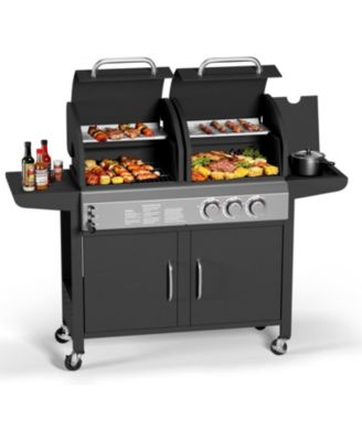 Propane Gas and Charcoal Grill Combo, 3 Burner Dual Fuel BBQ with Side Burner, Wheels Cabinet