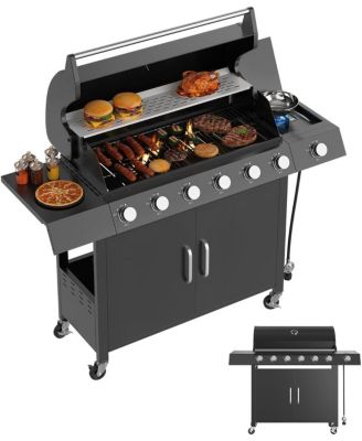 6-Burner Propane Gas Grill with Side Burner, Cast Iron Grates, Cabinet for Patio Backyard BBQ