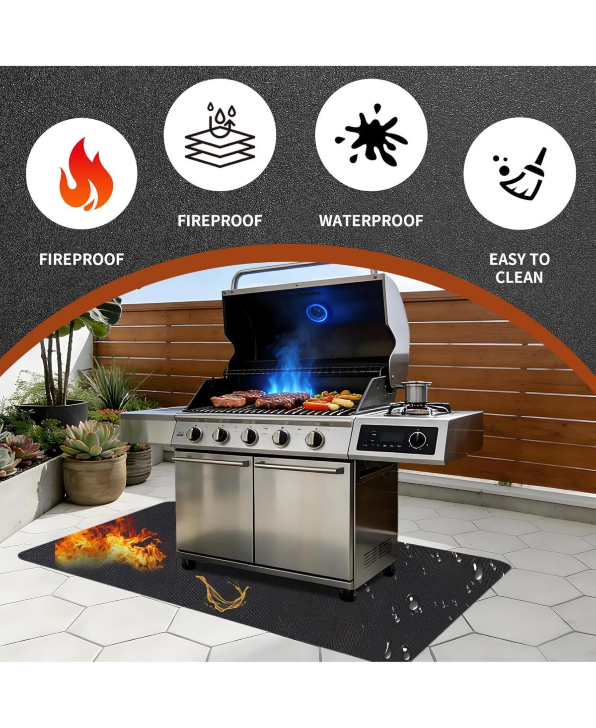 Xo 65" x 48" Under Grill Mat, Fireproof Waterproof Bbq Deck Protector for Patio