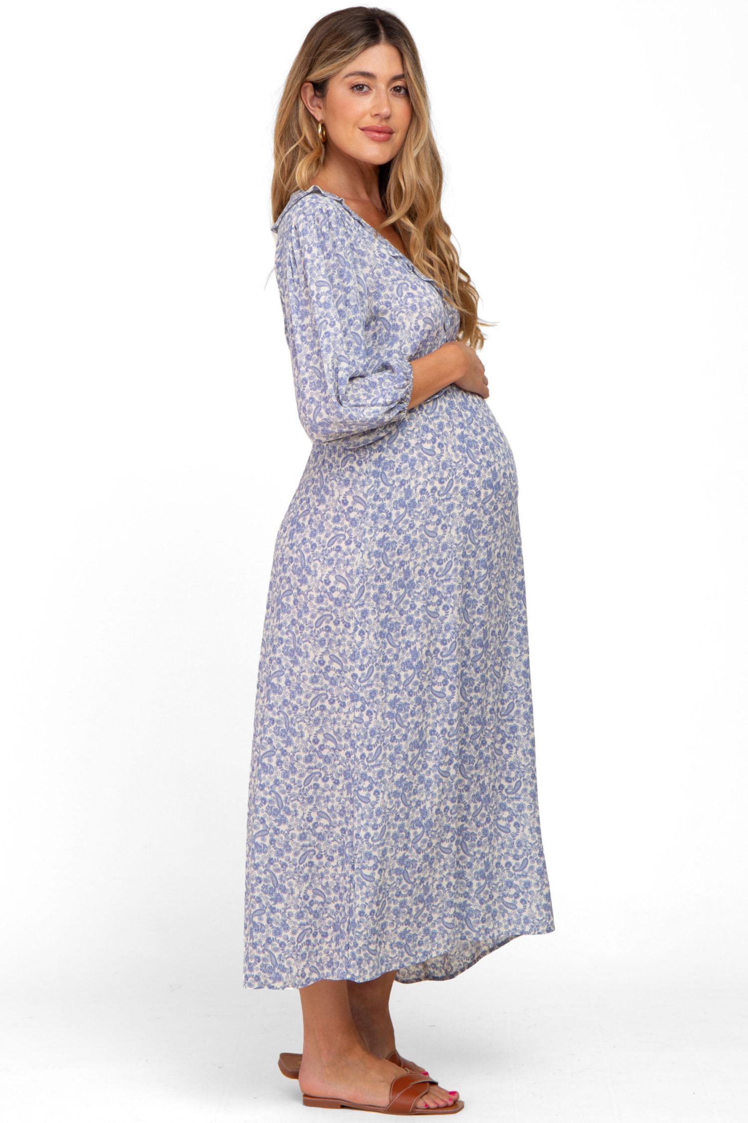 Women's Blue Floral Ruffle V-Neck Midi Dress