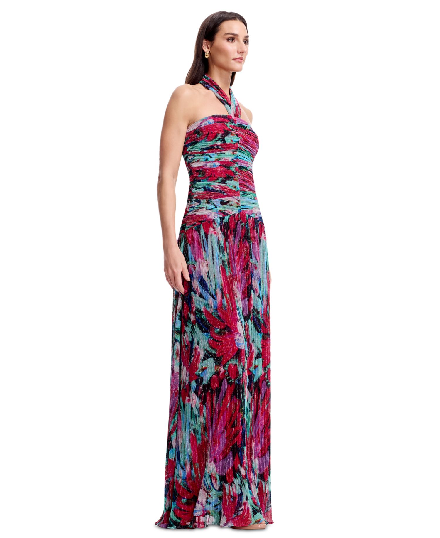 Women's Printed Halter Neck Ruched Drop Waist Gown