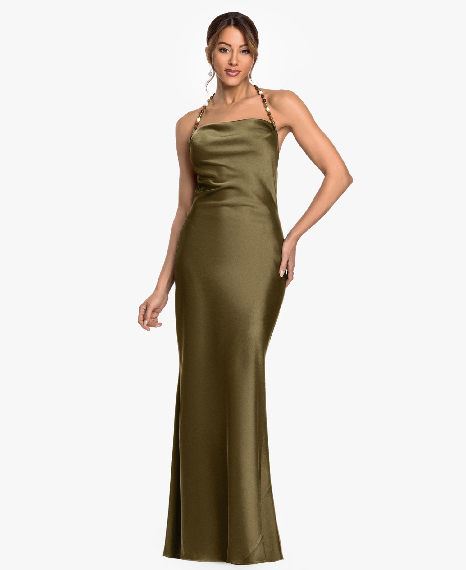Women's Cowl Neck Beaded Straps Column Gown