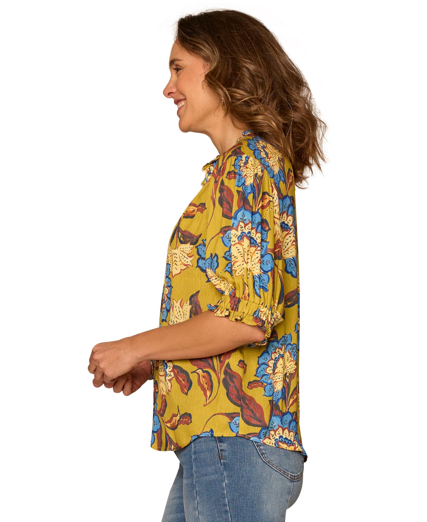 Женский топ Democracy Elbow-Sleeve Printed Collared, цвет: Шартрез разноцветный — фото 2