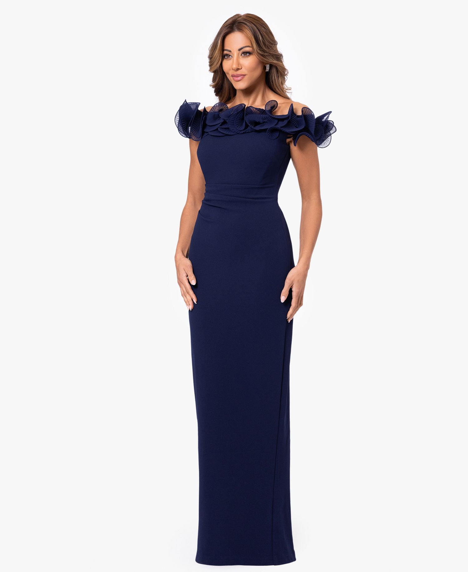 Petite Off-The-Shoulder Ruched Wire Sheath Gown