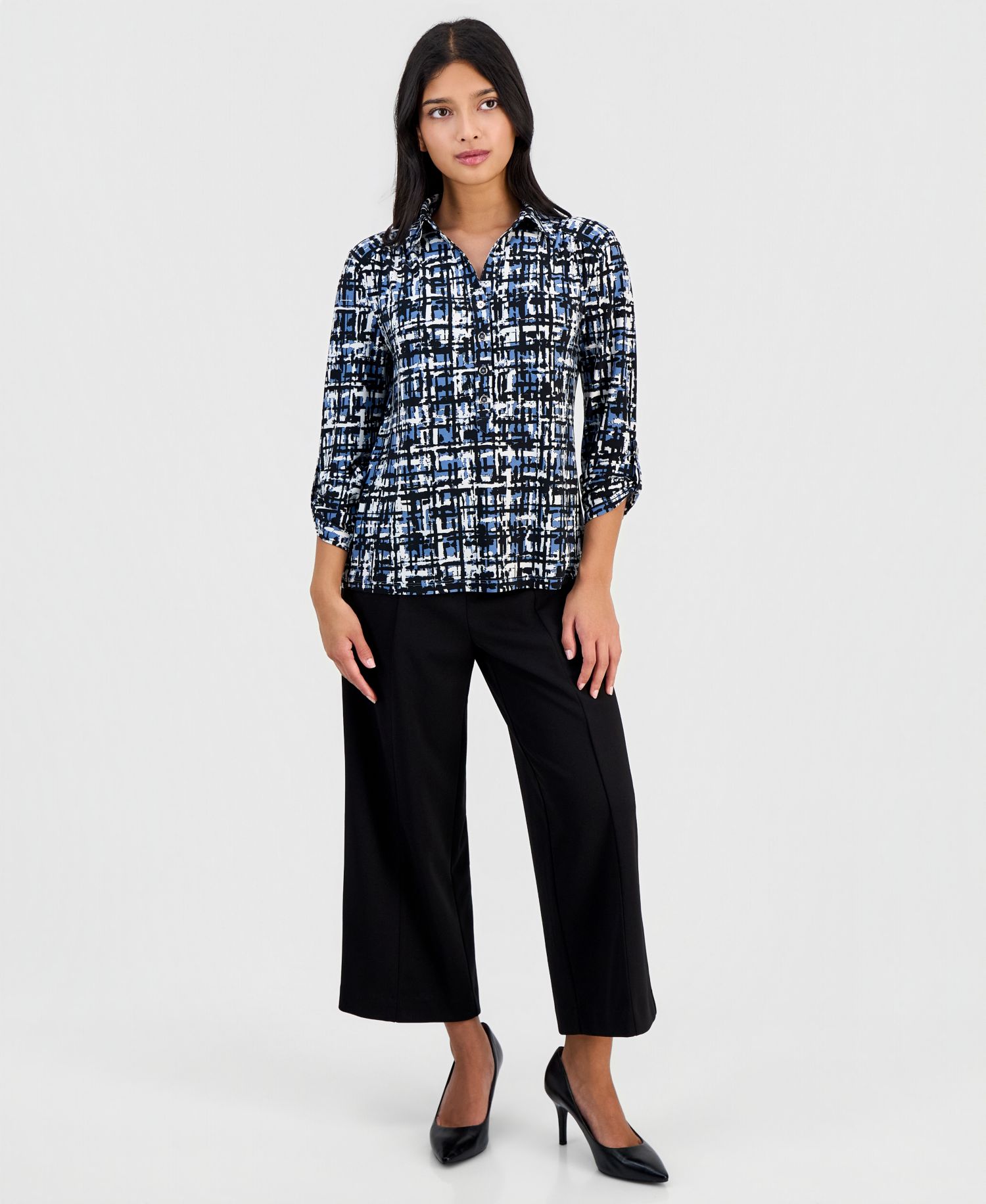 Women's Printed Collared 3/4-Sleeve Top