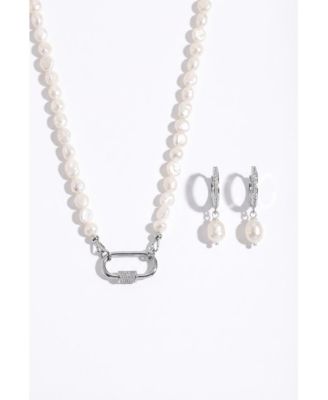 Baroque Pearl Silver-Tone Stainless Steel Necklace And Huggie Earring Set