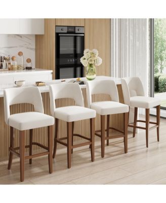 Set of 4 Modern Upholstered Bar Stools, Ergonomic Seats with Backrest and Wooden Legs for Kitchen, Dining and Bar Areas