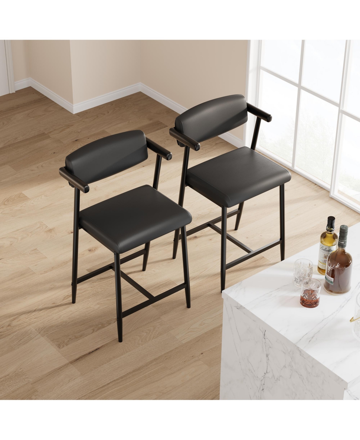 homfan Modern Counter Height Bar Stools with Armrests and Backrest, Metal Frame Footrest for Kitchen Island, Dining Room