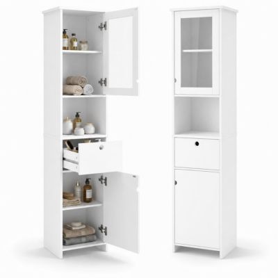 Tall Bathroom Corner Cabinet, Freestanding Narrow Organizer with Doors, Drawer, and Adjustable Shelves, Slim Floor Storage for Small Spaces
