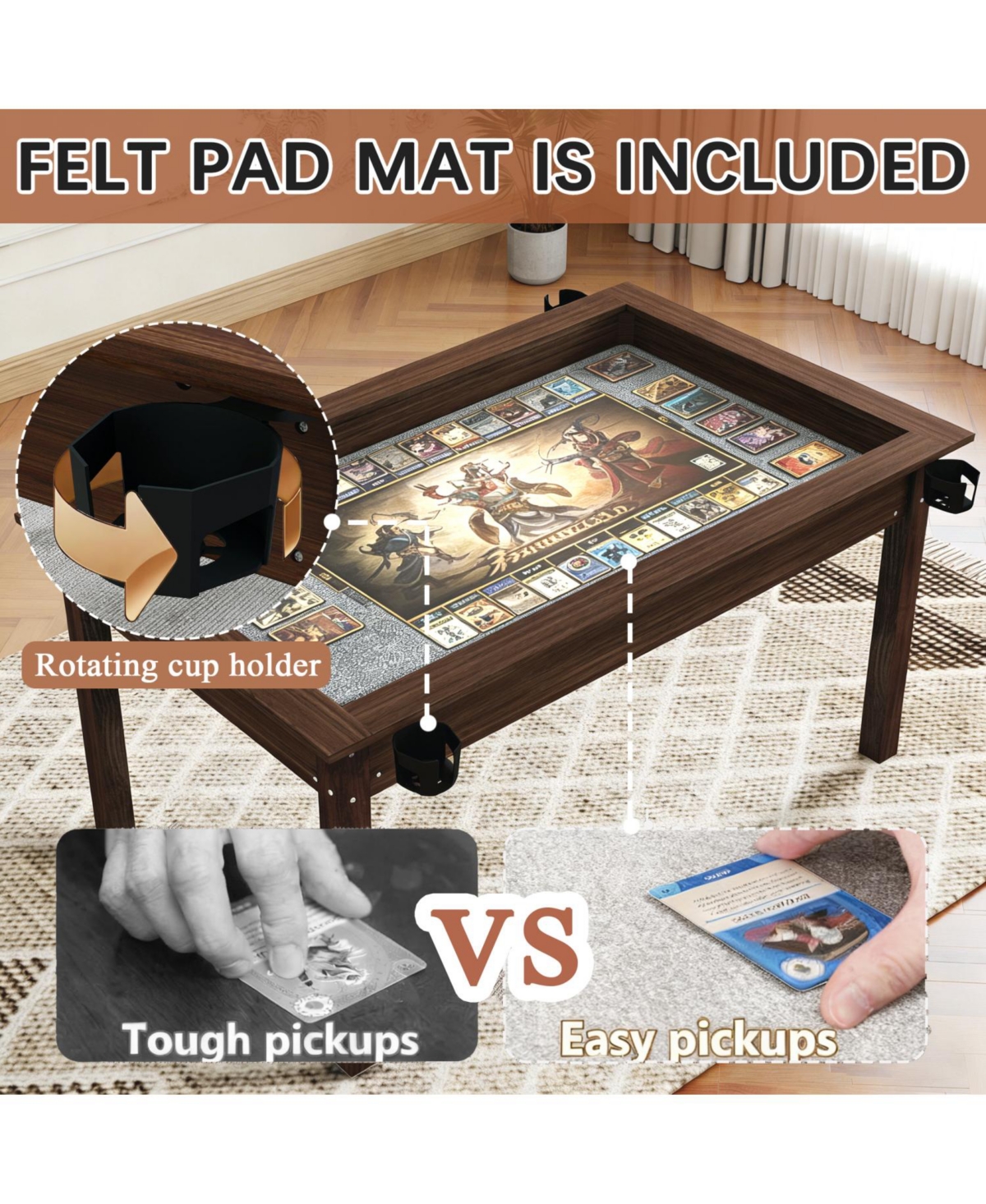 Rainsken Board Game Table, with Removable Table, Top for 4-6 Players, with Play Mat and Rotating Cup Holders, for Adults Card Dnd Poker