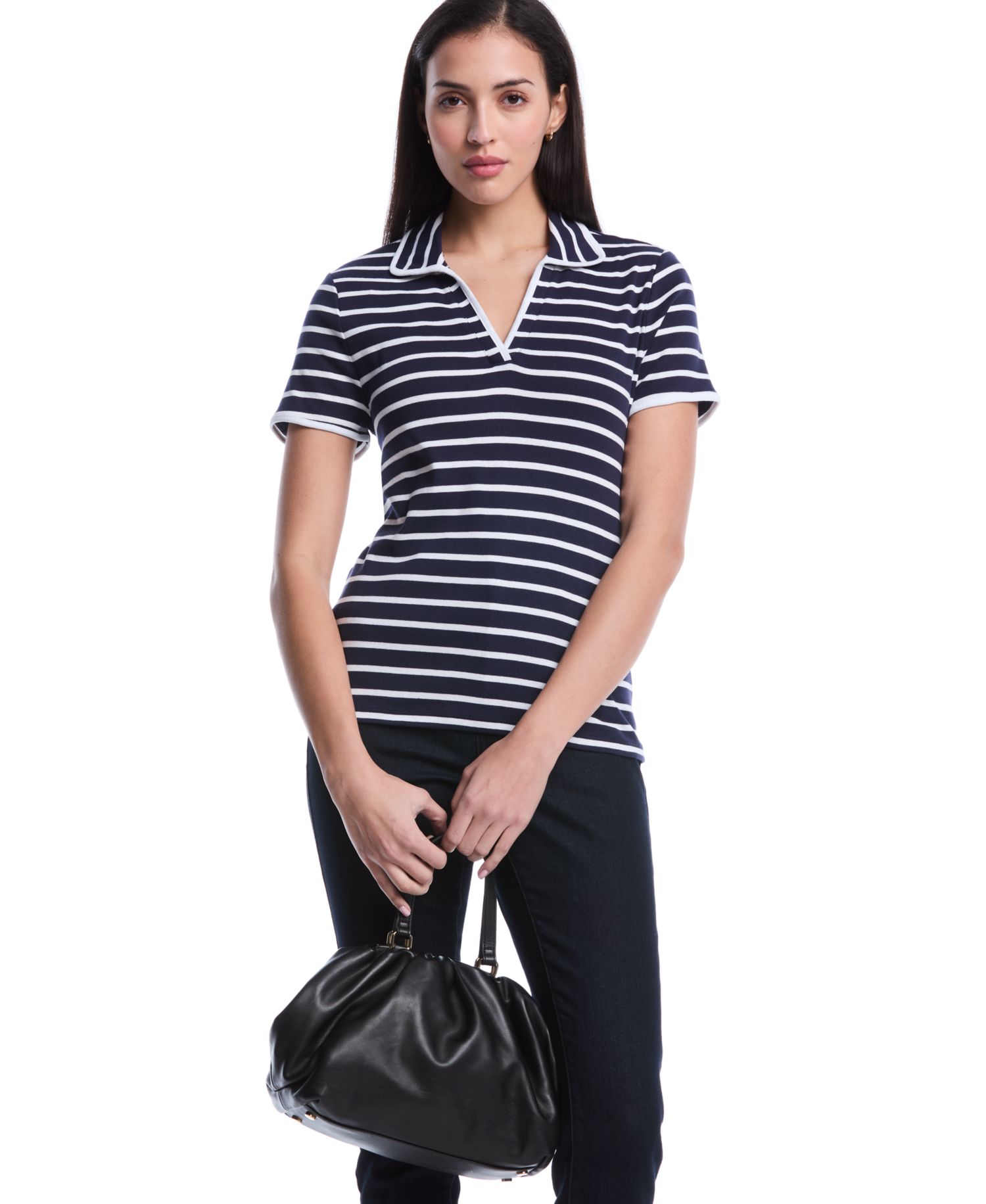 Petite Striped Contrast Trim Johnny Collar Short-Sleeve Polo Shirt