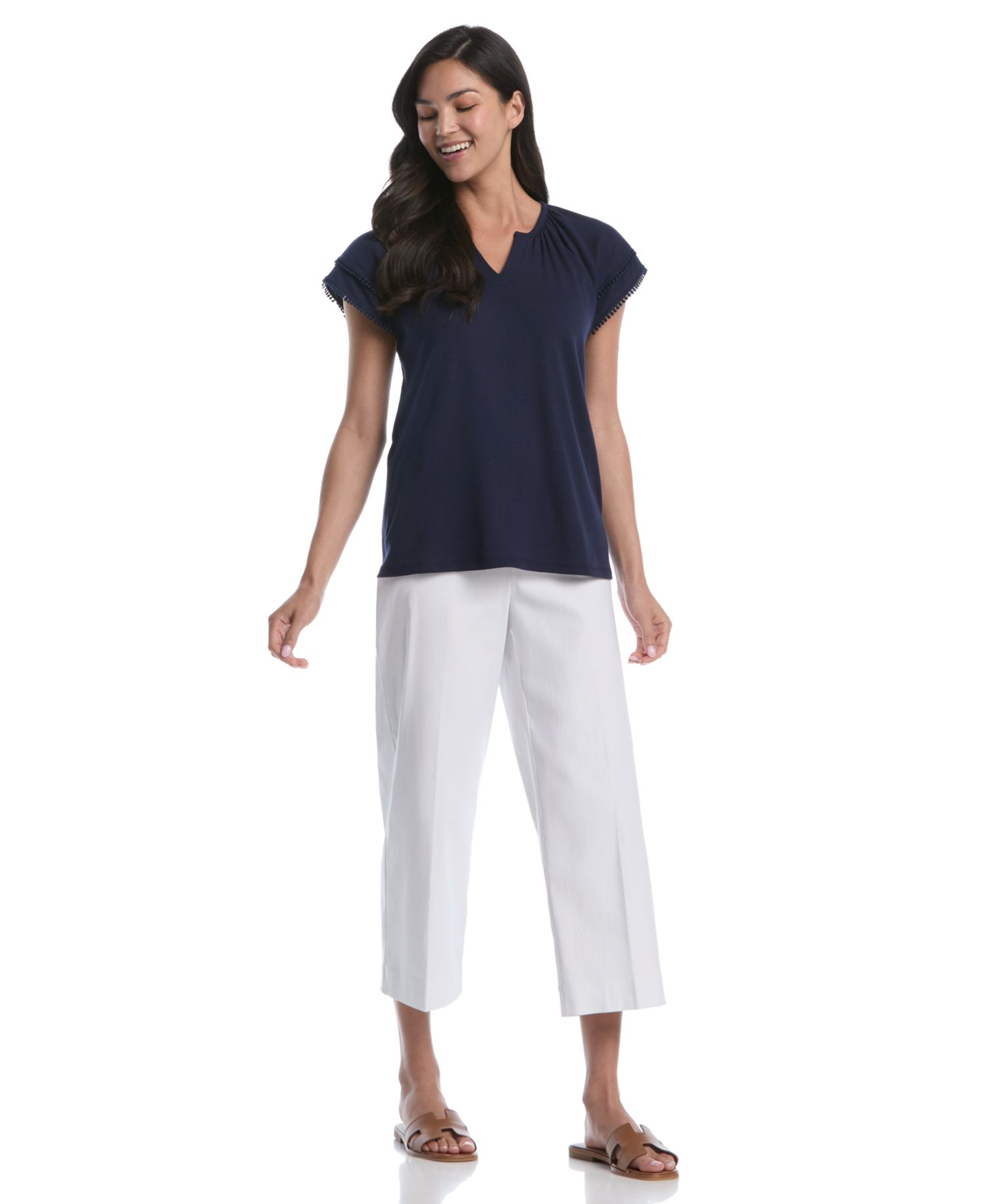 Petite Eyelet Flutter-Sleeve Split Neck Short-Sleeve Top