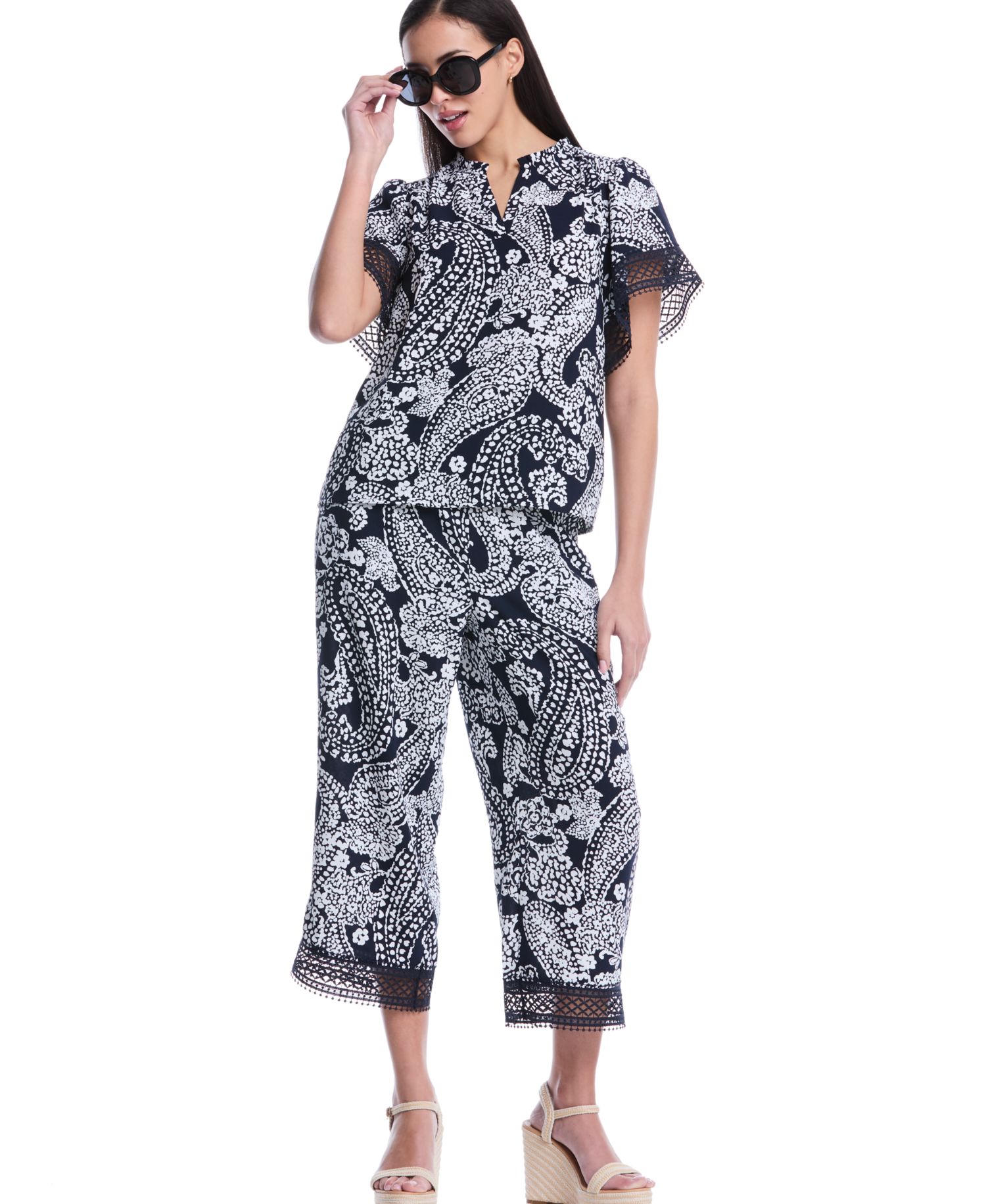Petite Paisley Crochet Trim Pants